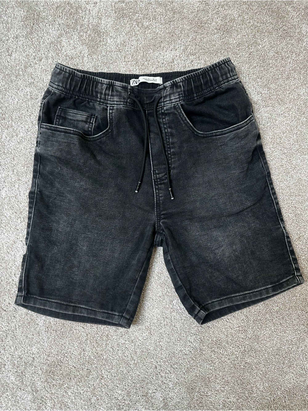 Zara Black Washed Relaxed Denim Drawstring Shorts